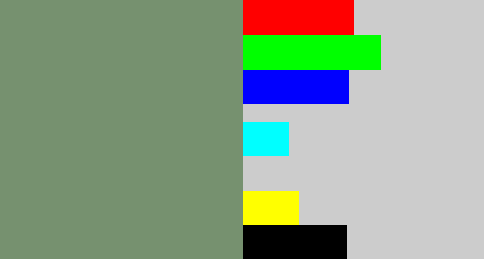 Hex color #76916f - green grey