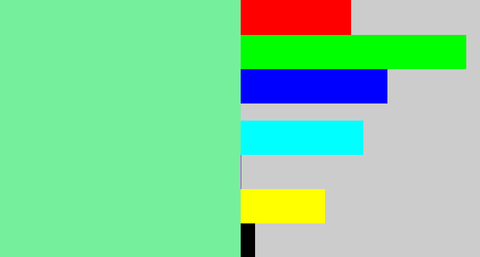 Hex color #76ef9c - light bluish green