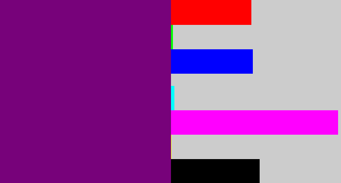 Hex color #77027a - darkish purple