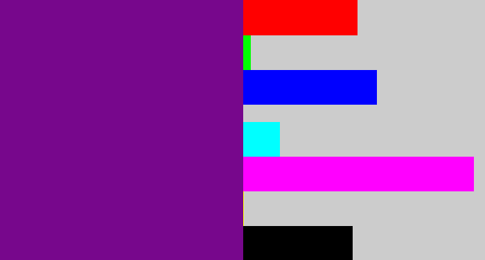 Hex color #77078c - purple