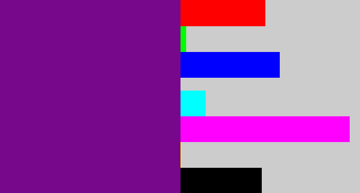 Hex color #77088b - purple