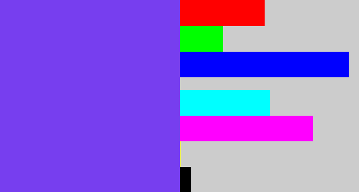 Hex color #773eef - bluish purple