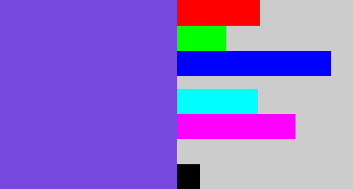 Hex color #7748dd - bluish purple