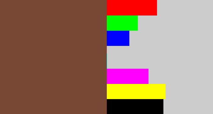 Hex color #774935 - purplish brown