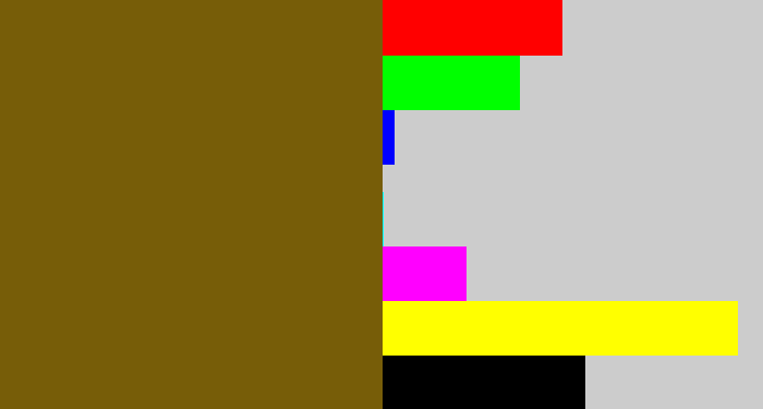 Hex color #775d08 - shit brown