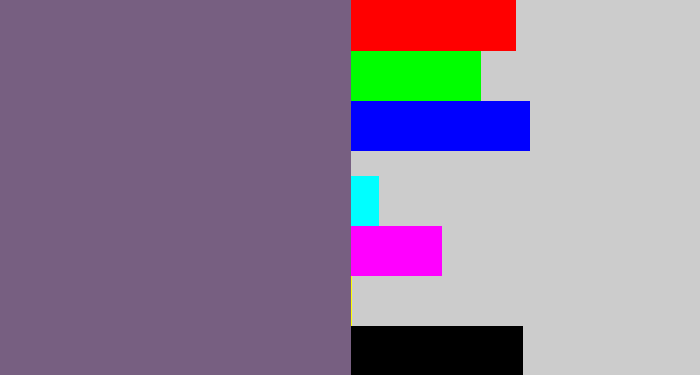 Hex color #775f81 - purplish grey