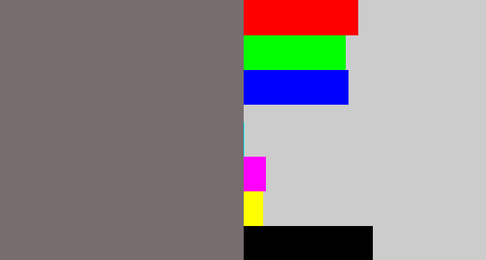 Hex color #776c6e - purplish grey