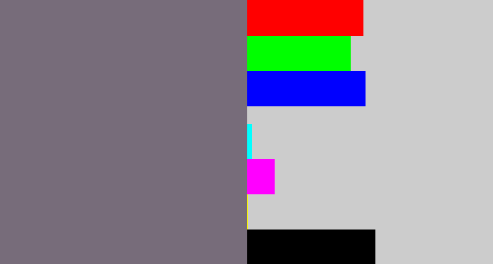 Hex color #776c7a - purplish grey