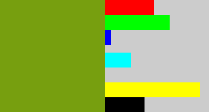 Hex color #779f0f - ugly green