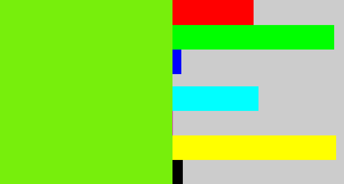 Hex color #77ef0c - bright lime