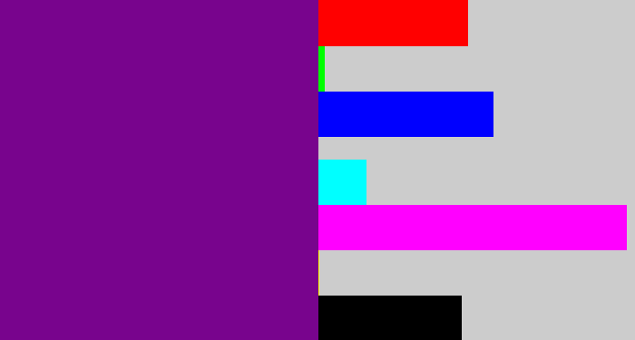 Hex color #78048d - purple