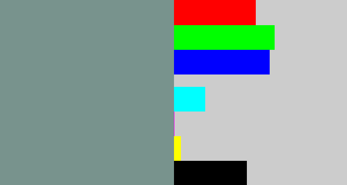 Hex color #78938d - bluish grey