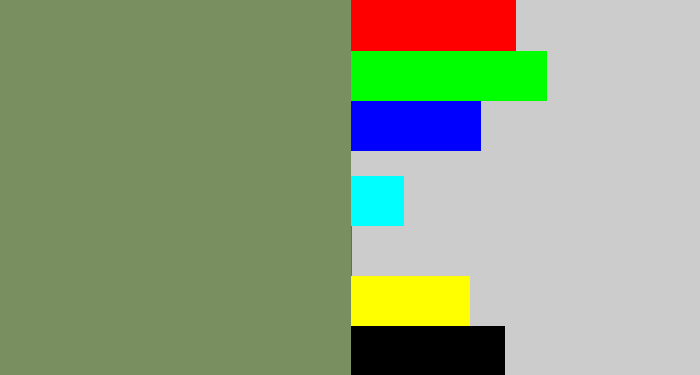 Hex color #798f5f - moss