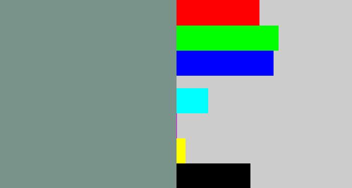 Hex color #79938b - bluish grey