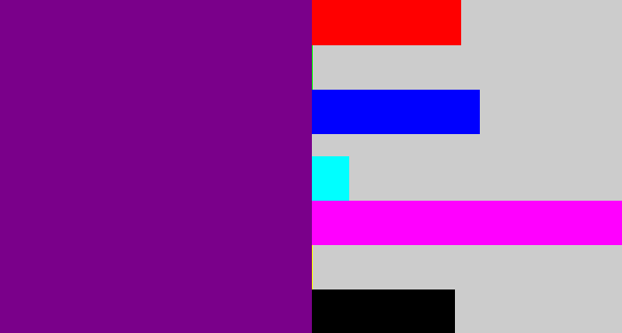 Hex color #7a008a - darkish purple