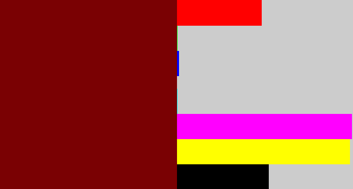 Hex color #7a0103 - blood