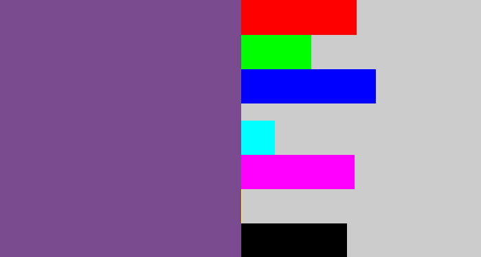 Hex color #7a4b8e - muted purple