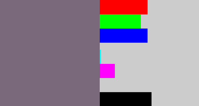 Hex color #7a697b - purplish grey