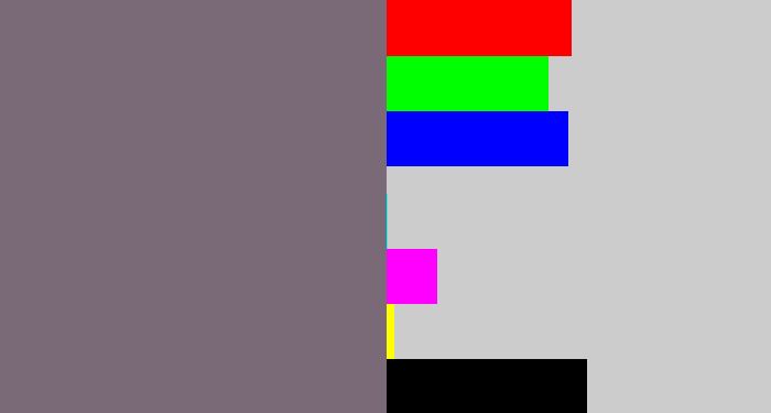 Hex color #7a6a78 - purplish grey
