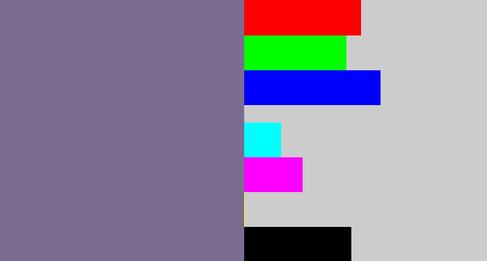 Hex color #7a6c8f - grey purple
