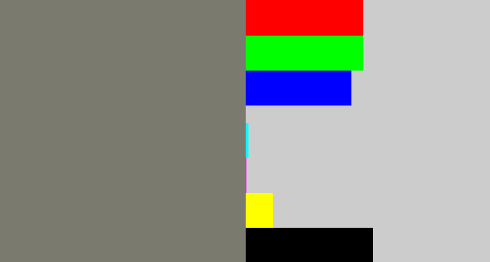 Hex color #7a7b6e - medium grey