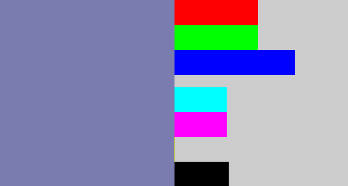 Hex color #7a7baf - blue/grey