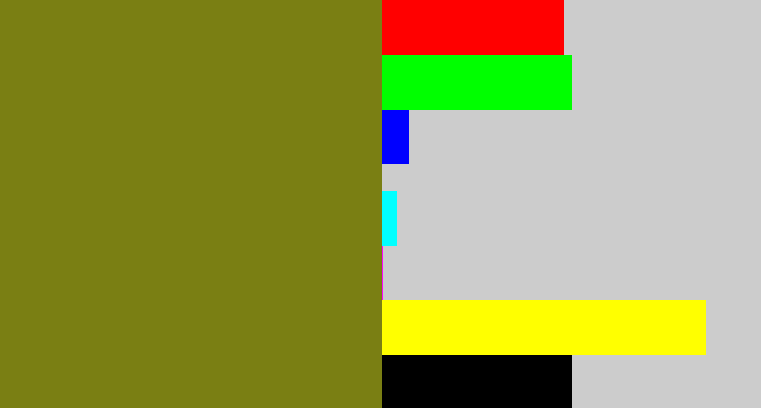 Hex color #7a7f13 - murky green