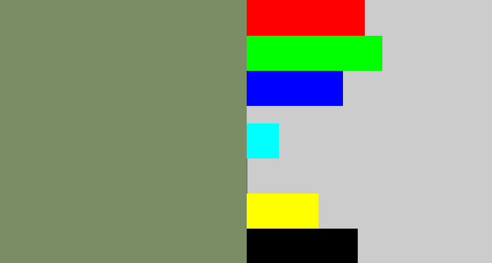 Hex color #7a8d64 - green grey