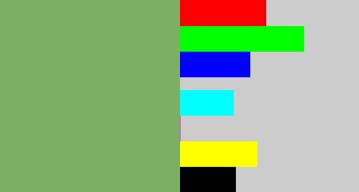 Hex color #7aaf64 - dull green
