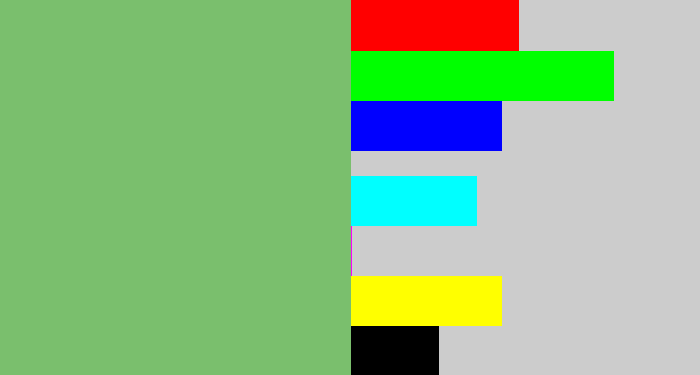 Hex color #7abf6d - soft green