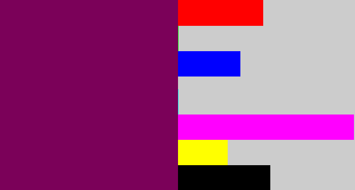 Hex color #7b0159 - rich purple
