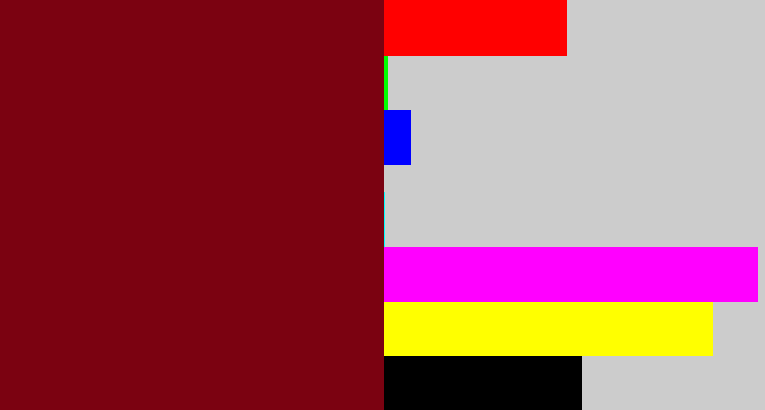 Hex color #7b0211 - blood