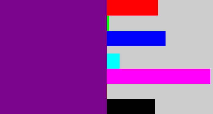 Hex color #7b048c - purple