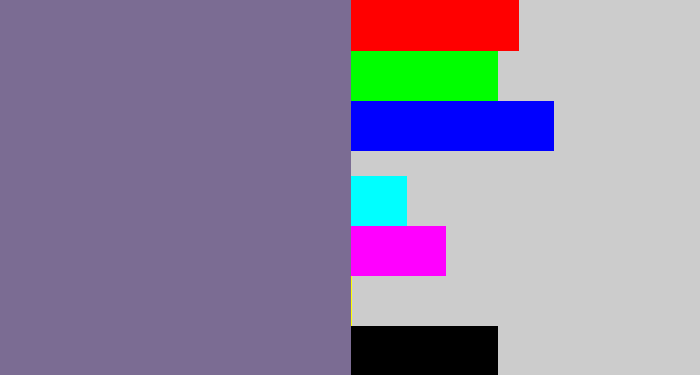 Hex color #7b6c93 - grey purple