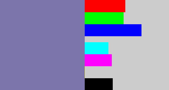 Hex color #7b75ac - blue/grey