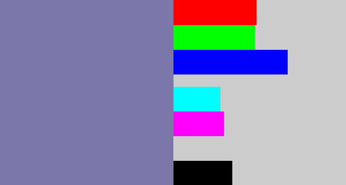 Hex color #7b77a8 - blue/grey
