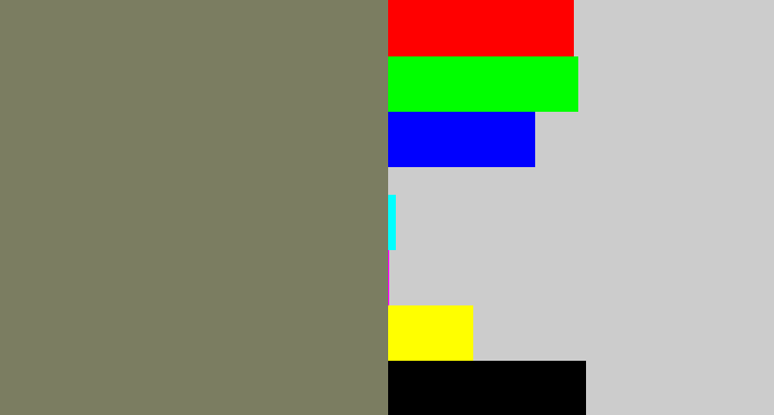 Hex color #7b7d61 - brownish grey