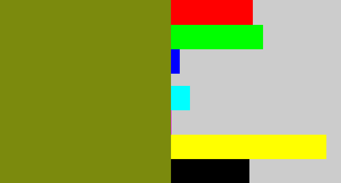 Hex color #7b8a0d - dark yellow green