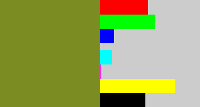Hex color #7b8c23 - baby shit green