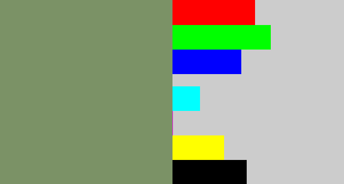 Hex color #7b9266 - green grey