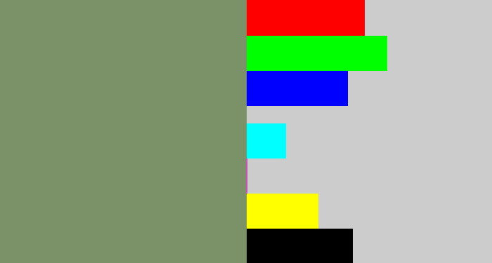 Hex color #7b9268 - green grey
