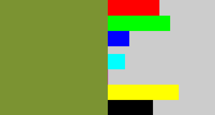 Hex color #7b9332 - khaki green