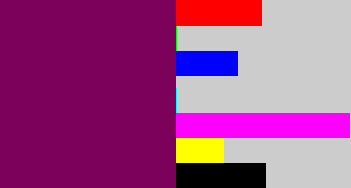 Hex color #7c015a - rich purple