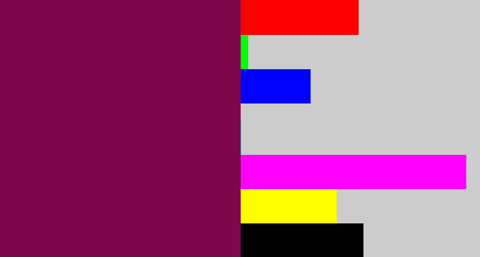 Hex color #7c084b - red purple