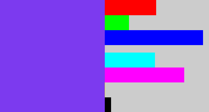 Hex color #7c3aef - bluish purple