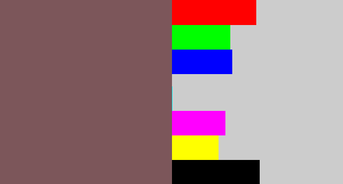 Hex color #7c565a - dark mauve