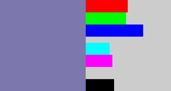 Hex color #7c77ac - blue/grey