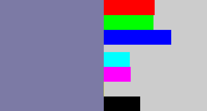 Hex color #7c7aa5 - blue/grey
