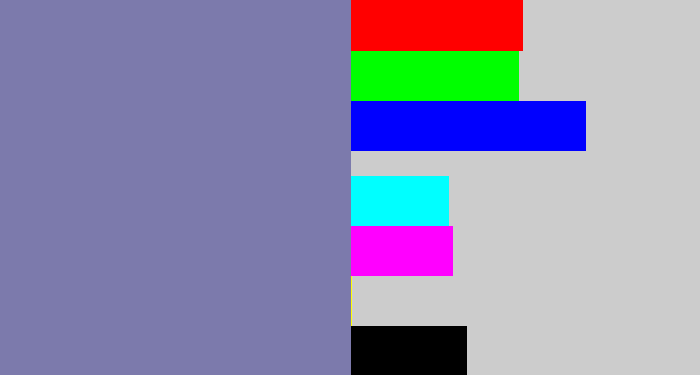 Hex color #7c7aac - blue/grey