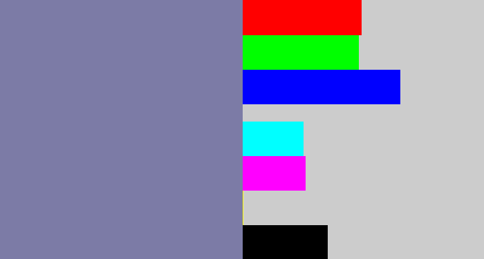 Hex color #7c7ba6 - blue/grey